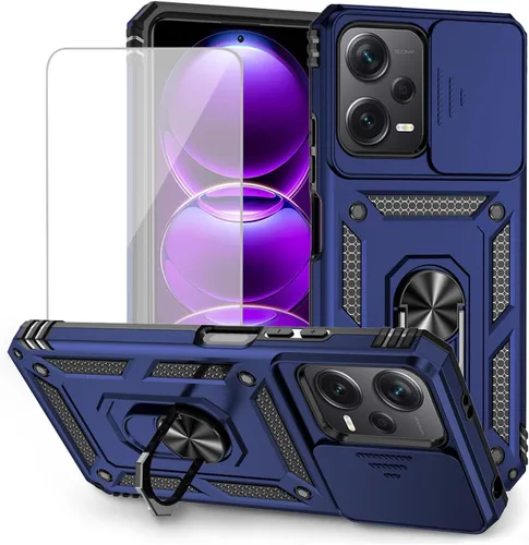 Vista 12 de Funda para Redmi Note 12, Poco X5 5G con protector de pantalla de vidrio templado y cubierta de cámara deslizante, anillo magnético soporte de Verde