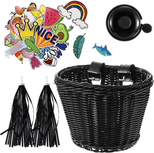 Vista 10 de Set de serpentinas para cesta de bicicleta para niños, cesta de mimbre para manillar de bicicleta con serpentinas de bicicleta coloridas, campana