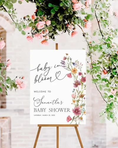 Vista 5 de Letrero de Bienvenida para Baby Shower de Flores Silvestres, Letrero de Baby Shower con Lazo Rosa, Póster de Bienvenida para Baby Shower, Decoración