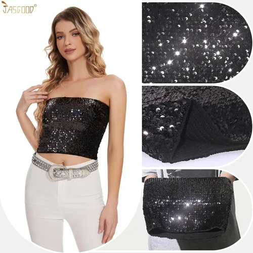 Vista 4 de JASGOOD Tops cortos de lentejuelas brillantes para mujer, tops de tubo metálicos sin tirantes, corsé de sirena con purpurina para fiesta y club