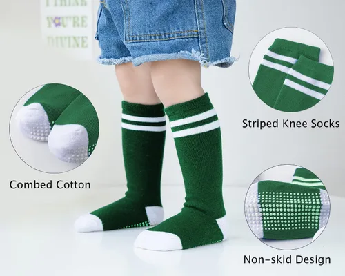 Vista 3 de EPEIUS Calcetines altos hasta la rodilla con agarre antideslizante Toddller Athletic Stripe Team Tube Calcetines para niños y niñas, paquete de 5