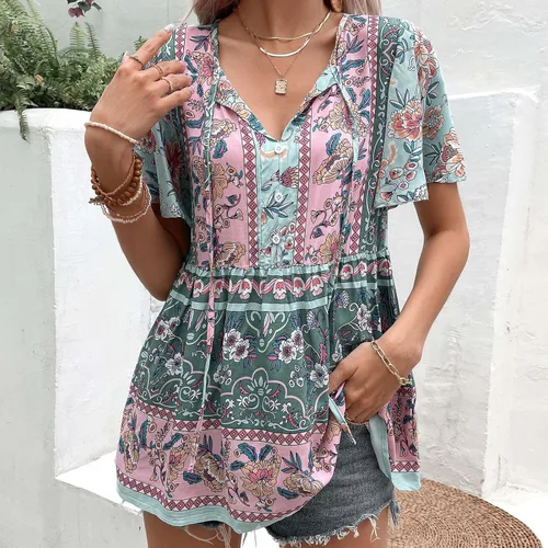 Vista 2 de Womens Shirts Dressy Casual 2023 Bohemian Flowy Streetwear Blouses Trendy Tops Short Sleeve Blouses