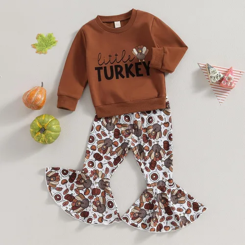 Vista 2 de BemeyourBBs Conjunto de sudadera de manga larga de pavo para niña con pantalones acampanados, ropa de otoño