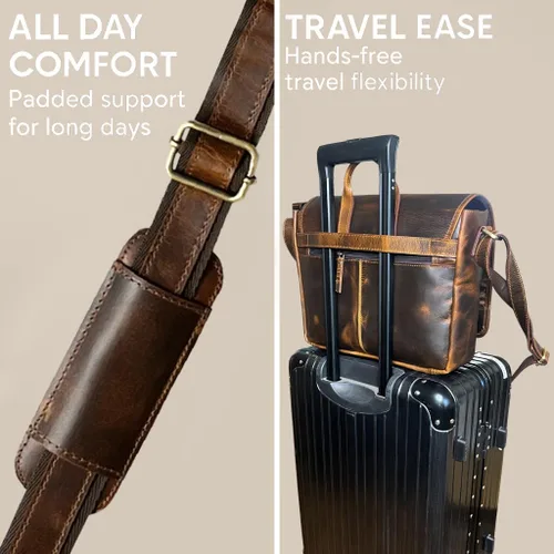 Vista 6 de Bolso de mensajero de cuero para hombre, 14 pulgadas, bolso de cuero para laptop, bolso cruzado vintage para oficina, bolso de hombro de viaje