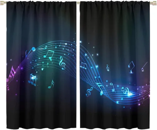 Vista 29 de Cortinas de notas musicales, blanco y negro, instrumento musical, canción, arte de canción, opacas, para ventana, dormitorio, sala de estar