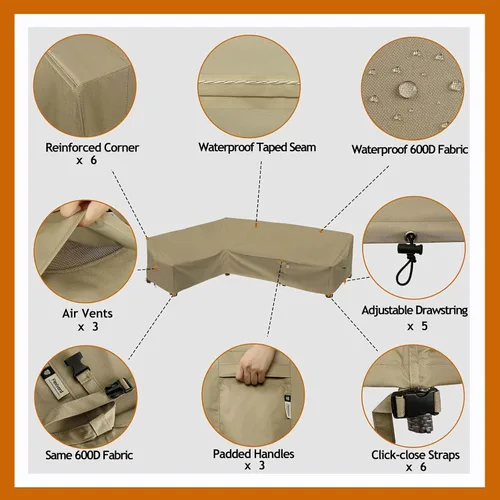 Vista 3 de Funda de Sofá Seccional de Servicio Pesado para Exteriores, Fundas Impermeables 600D para Sofá Seccional de Patio, Funda para Muebles de Jardín