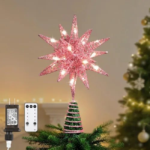 Vista 16 de Lewondr Decoración para árbol de Navidad, decoración de árbol de Navidad con forma de estrella en 3D con diseño de explosión de estrellas, control