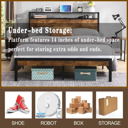 Vista 6 de Base de cama industrial tamaño matrimonial, marco de cama de plataforma con tomas de corriente y 2 puertos USB y con cabecera de almacenamiento de 2
