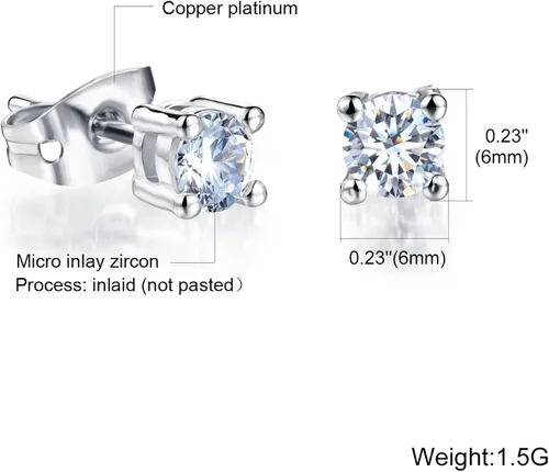 Vista 5 de Pendientes de tuerca de acero de titanio chapado en platino princesa 3A Rhinestone para mujer