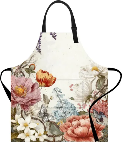 Vista 15 de Delantal divertido con bolsillo para mujeres y hombres, delantal de cocina ajustable para barbacoa y horneado con lindos animales y flores