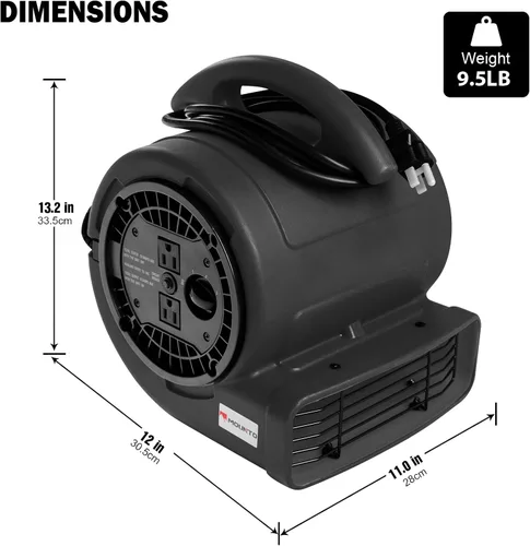 Vista 2 de MOUNTO Ventilador Air Mover de 1/5 hp de 800 cfm, ventilador de secado de pisos, motor de aire compacto de 3 velocidades con doble salida, cable