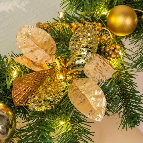 Vista 4 de YULETIME - Guirnalda de Navidad iluminada de 1,8 m, funciona con pilas con 20 luces de hadas artificiales, bolas doradas, bayas, flor de pascua