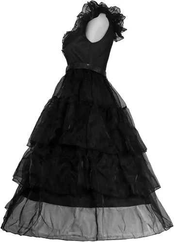 Vista 5 de Poboola Wednesday Addams - Disfraz de vestido para niñas con peluca para niños, vestido de fiesta de patinador acampanado para miércoles, cosplay