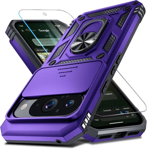 Vista 31 de Janmitta - Funda compatible con Google Pixel 9 Pro XL con cubierta deslizante para lente de cámara incorporada + protector de pantalla + soporte