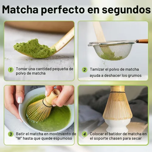 Vista 3 de SHONMISEN Juego de Batidor de Bambú Matcha - Batidor de Matcha (Chasen), Soporte para Batidor (Blanco), Colador, Cuchara para Té y Cuchara de Té