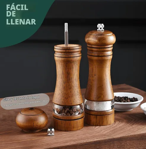 Vista 4 de Juego de Molinillo de Sal y Pimienta de 2 Piezas, Molinillos de Sal y Pimienta de Madera de 6.5 Pulgadas con Grosor Ajustable, Molinillo de Pimienta