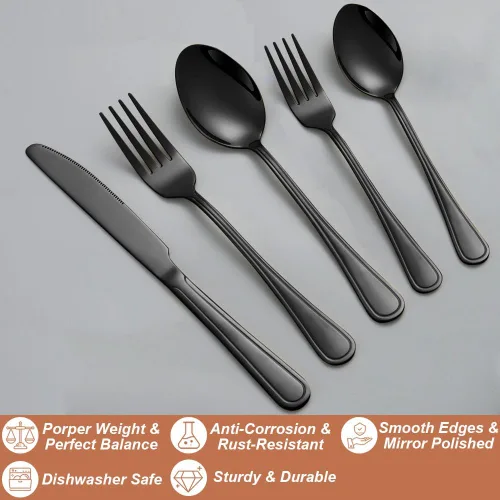 Vista 3 de Juego de cubiertos negros de 20 piezas para 4, juego de cubiertos de acero inoxidable de grado alimenticio, incluye tenedor/cuchillo/cuchara, juego