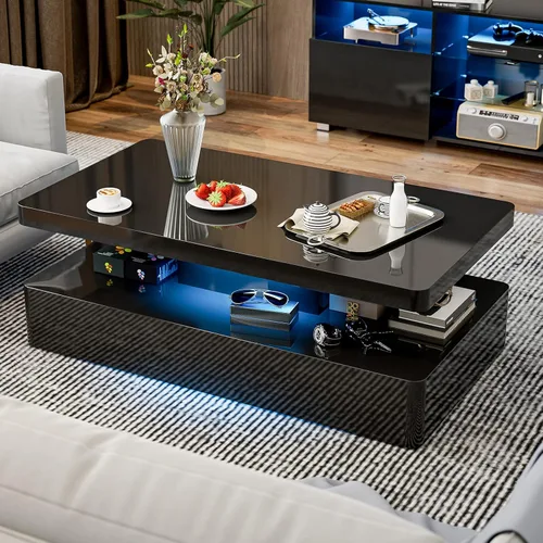 Vista 7 de Mesa de centro LED moderna, mesa de centro negra de alto brillo con luces LED de 16 colores, rectangular, 43.3 x 23.6 x 15.4 pulgadas Negro