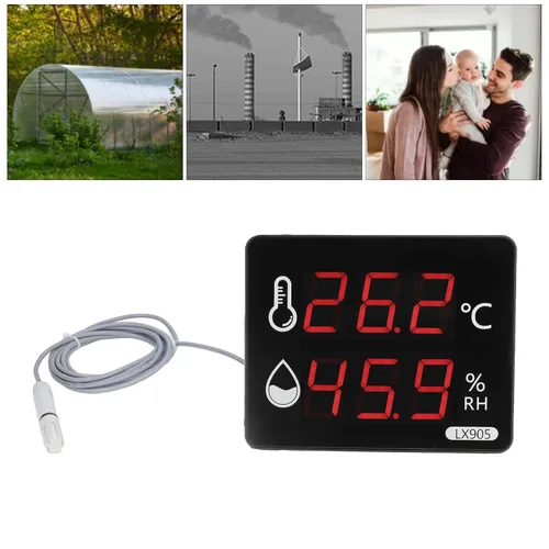 Vista 4 de Medidor de humedad de temperatura digital con sonda externa Pantalla LED termómetro higrómetro