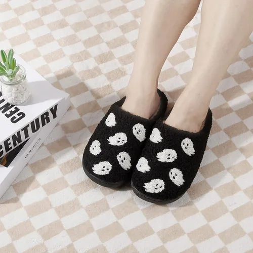 Vista 5 de Pantuflas de Halloween con diseño de calabaza para mujer, de felpa suave, bonitas, esponjosas, antideslizantes, para interiores y exteriores