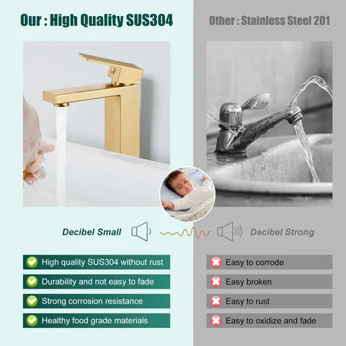 Vista 3 de Heyalan Grifo de lavabo para baño, grifo de lavabo de una sola manija, acero inoxidable SUS304, cuerpo alto, 1 agujero, mezclador de tocador