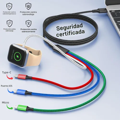 Vista 3 de Travel Essentials - Cargador de iWatch y iPhone 4 en 1, cable de carga múltiple para Apple Watch, USB C, micro nailon, compatible con iWatch