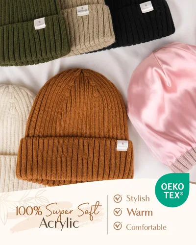 Vista 6 de YANIBEST Sombreros de invierno para mujer, gorro con forro de satén para clima frío, gorro para mujeres y hombres, sombreros de punto cálidos