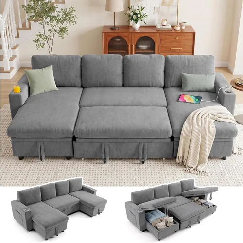 Vista 10 de Sofá cama seccional en forma de L con cama extraíble, 7 asientos Gris