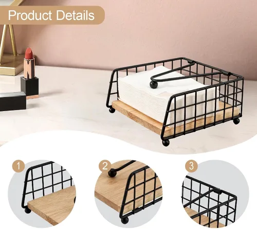 Vista 2 de Wooden and Iron Napkin Holder Flat Napkin Dispenser with Metal Arm Decorative Table Stand Suitable for Dining Room Kitchen, Black