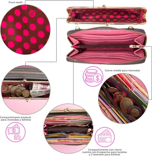 Vista 3 de Nicole Lee Cartera cruzada plegable con estampado de moda de 2 piezas, piel vegana, correa cruzada extraíble, Double Queens, Declaración