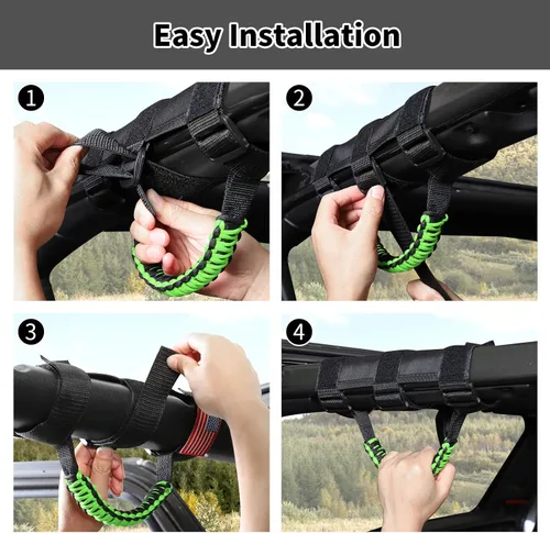 Vista 5 de Asas de agarre para Jeep Wrangler JK JL JT YJ TJ 1992-2023 Accesorios interiores (2 unidades, con patrón de bandera de Estados Unidos, Oxford) Verde