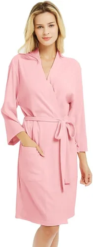 Vista 14 de U2SKIIN Batas para mujer, 100% algodón, ligeras batas con mangas 3/4, kimono de punto, suaves, ropa de casa, bata corta de baño A-algodón gris