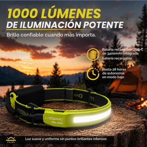 Vista 3 de Liteband PRO Serie 1000 - Linterna frontal personal ajustable de haz ancho, iluminación de 210°, funciona con pilas, se adapta a cascos y cascos