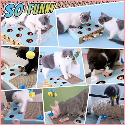 Vista 6 de Juguetes de enriquecimiento para gatos de interior con almohadilla para rascar gatos, caja de cartón para gatos para divertirse mucho, juguete