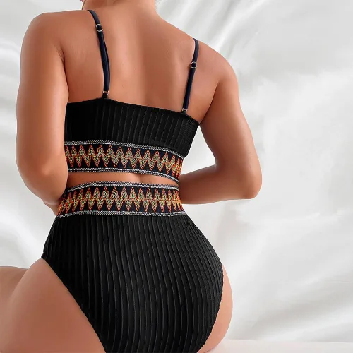 Vista 2 de Beawaenn Bikini acanalado para mujer, traje de baño de cintura alta con control de abdomen, 2 piezas