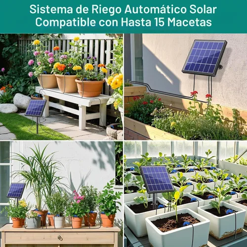 Vista 6 de Biling Sistema de riego por goteo solar, kit de riego por goteo de 3 W, riego inteligente programable digital para 15 plantas en maceta, jardín