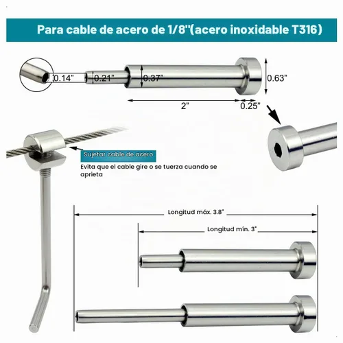 Vista 2 de Kit de herramientas de barandilla de cable invisible 1/8, kit de tensor de acero inoxidable T316 de grado marino, paquete de 30