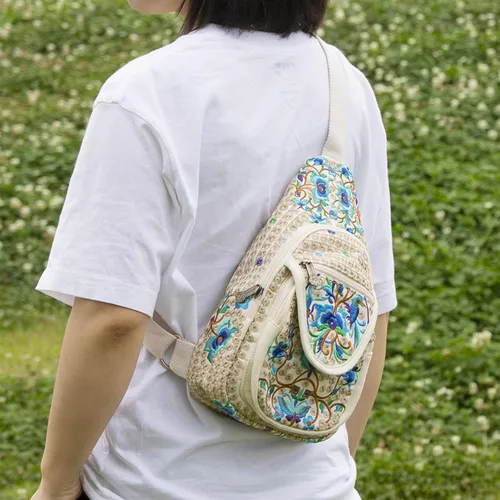 Vista 2 de SILKAREA Bolso bandolera pequeño de lona vintage para mujer, bolso cruzado, bolso cruzado bohemio bordado mochila (beige azul)