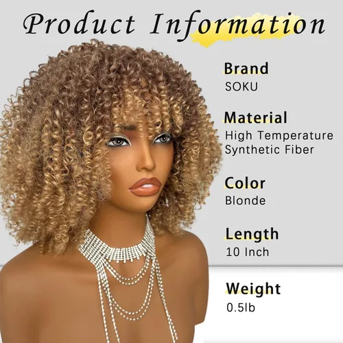 Vista 2 de SOKU Peluca de cabello corto rizado para mujeres negras, peluca corta rizada con flequillo, 10 pulgadas, rubia, resistente al calor, para mujer