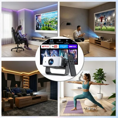 Vista 9 de Proyector para el hogar 1080P, mini proyector de películas con WiFi Bluetooth, Keystone automático, control remoto, enfoque HDMI USB compatible