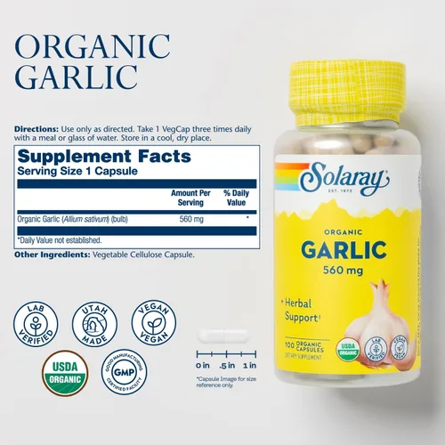 Vista 2 de SOLARAY Píldoras orgánicas de ajo – 560 mg de suplementos de ajo para apoyo a la salud cardíaca – Cápsulas de ajo orgánico USDA – Vegano – Garantía