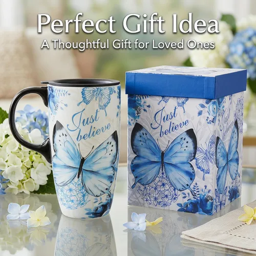 Vista 5 de Topadorn - Taza de viaje de cerámica de 17 onzas con tapa, taza de café de mariposa azul con cita inspiradora, taza de viaje de cerámica grande