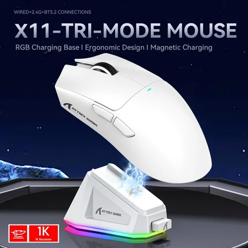 Vista 2 de ATTACK SHARK X11 Ultra-Light Triple Mode Gaming Mouse PAW3311 Sensor óptico 22K DPI 5 botones programables con soporte de carga magnético para Blanco