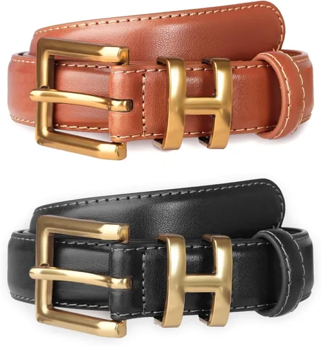 Vista 423 de Cinturón de cuero clásico con hebilla de metal para mujer con vestido de jeans