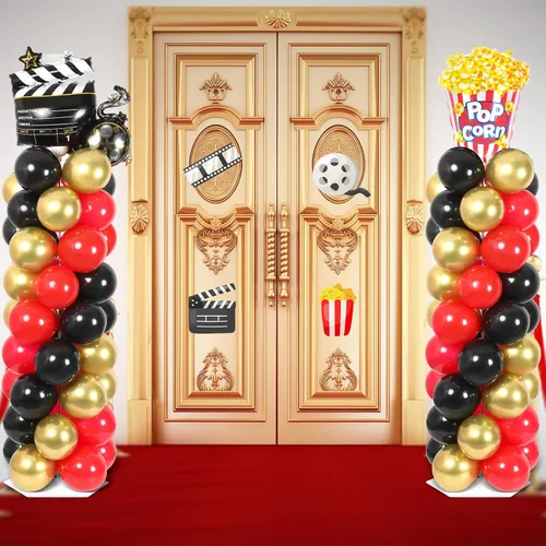 Vista 6 de Juego de 2 soportes de columna de globos nocturnos de película con 102 globos de aluminio de palomitas de maíz, soporte de torre ajustable de 5.57