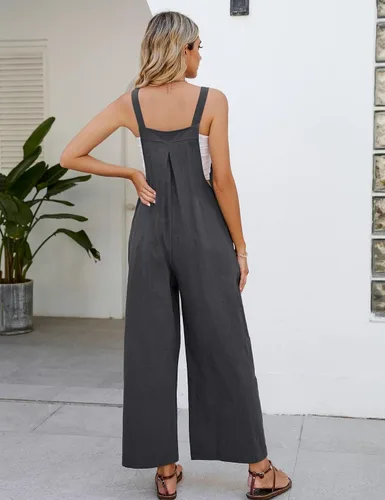 Vista 5 de Overol con pechera de algodón para mujer, pierna ancha, ajuste holgado, holgado, a la moda, sin mangas