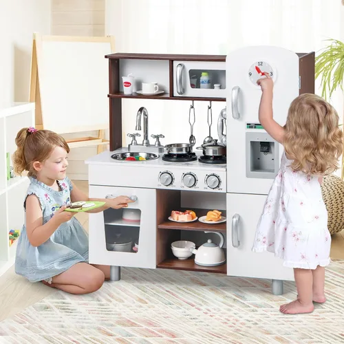 Vista 2 de HONEY JOY Juego de cocina para niños, cocina de madera para niños pequeños, utensilios de cocina, teléfono, reloj, dispensador de agua, gabinete