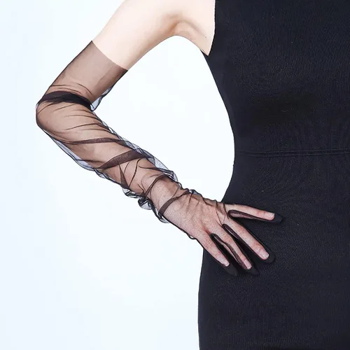 Vista 3 de Guantes largos de tul para mujer, color sólido, longitud del codo, 27 pulgadas, guantes transparentes