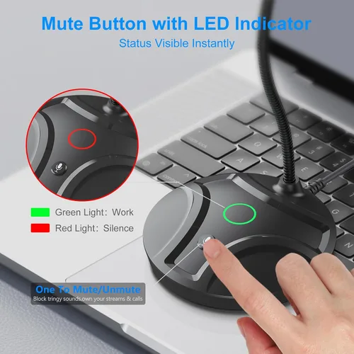 Vista 2 de Micrófono USB para computadora Plug & Play, cuello de cisne flexible y botón de silencio LED, micrófono de escritorio para juegos, YouTube
