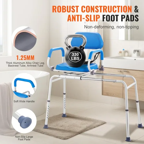 Vista 4 de VEVOR Banco deslizante de transferencia de bañera con asiento giratorio de 360 grados, silla de ducha deslizante con reposabrazos pivotantes